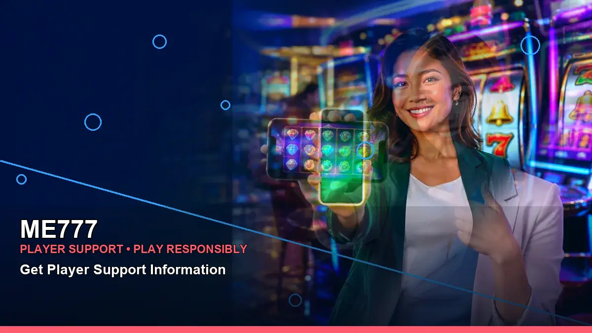 ME777 mobile casino app featuring an adult Filipina casino host with a right-framed composition